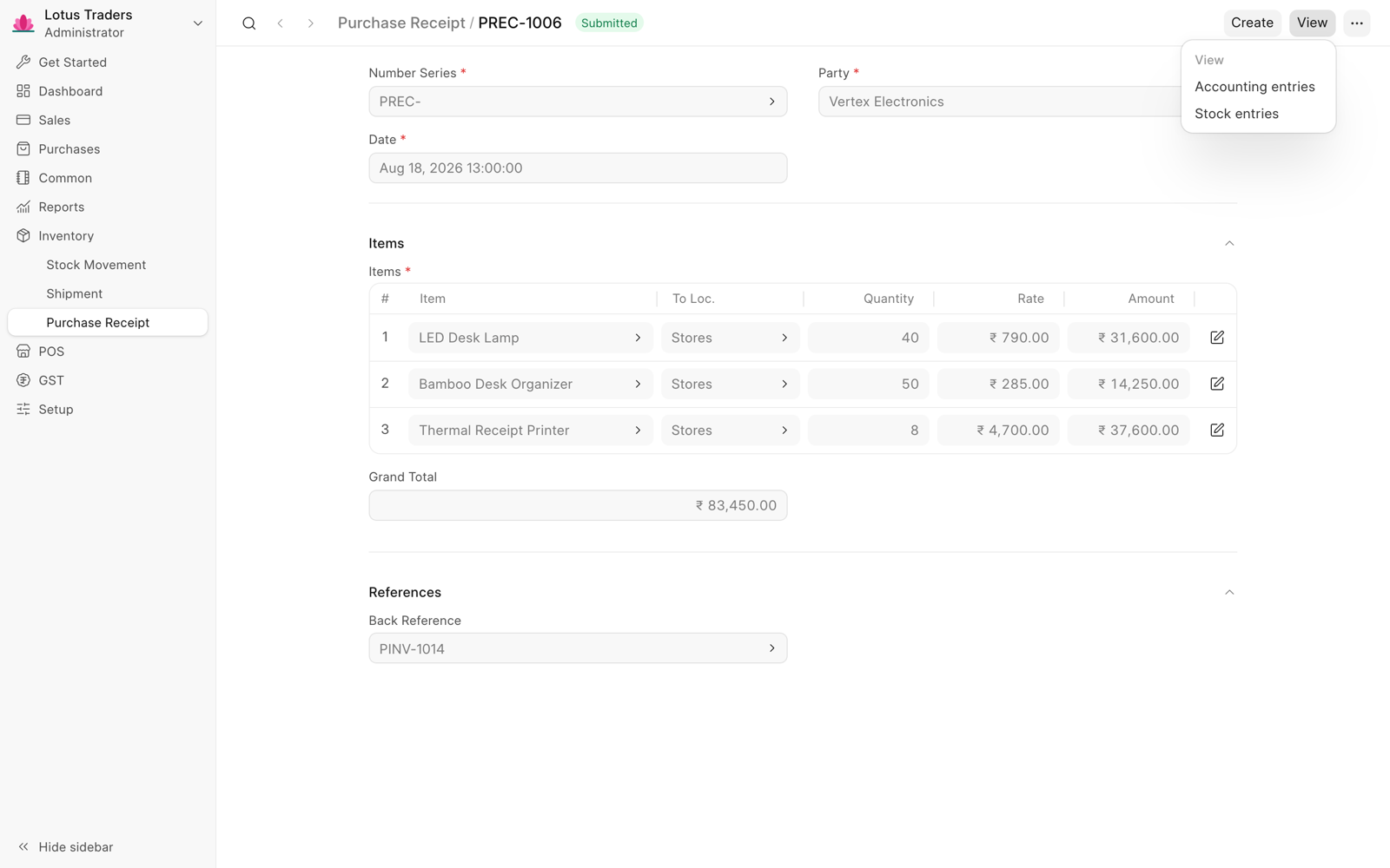 Submitted purchase receipt of three items into Stores, with its purchase invoice in Back Reference and the View menu open with Accounting entries and Stock entries.