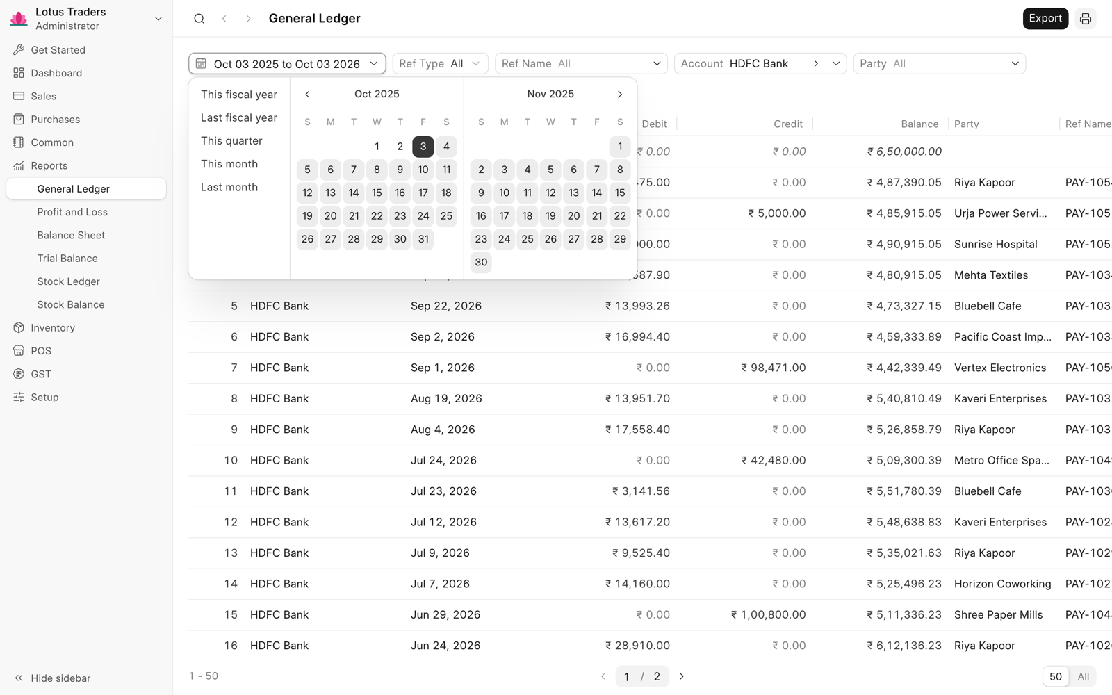 General Ledger with the date range 