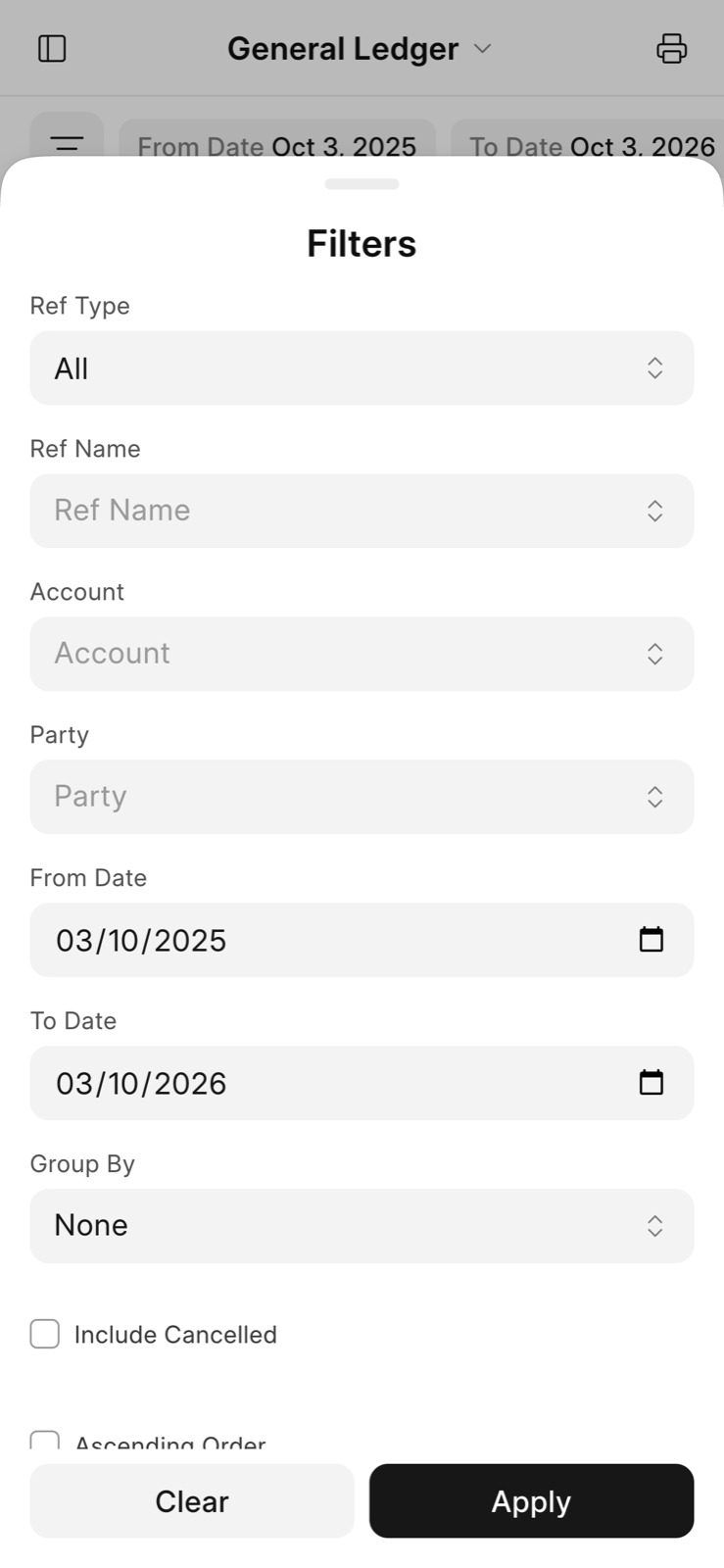 Phone Filters sheet of the General Ledger with Ref Type, Ref Name, Account, Party, the dates, and Group By, and Clear and Apply in a footer that stays on screen.