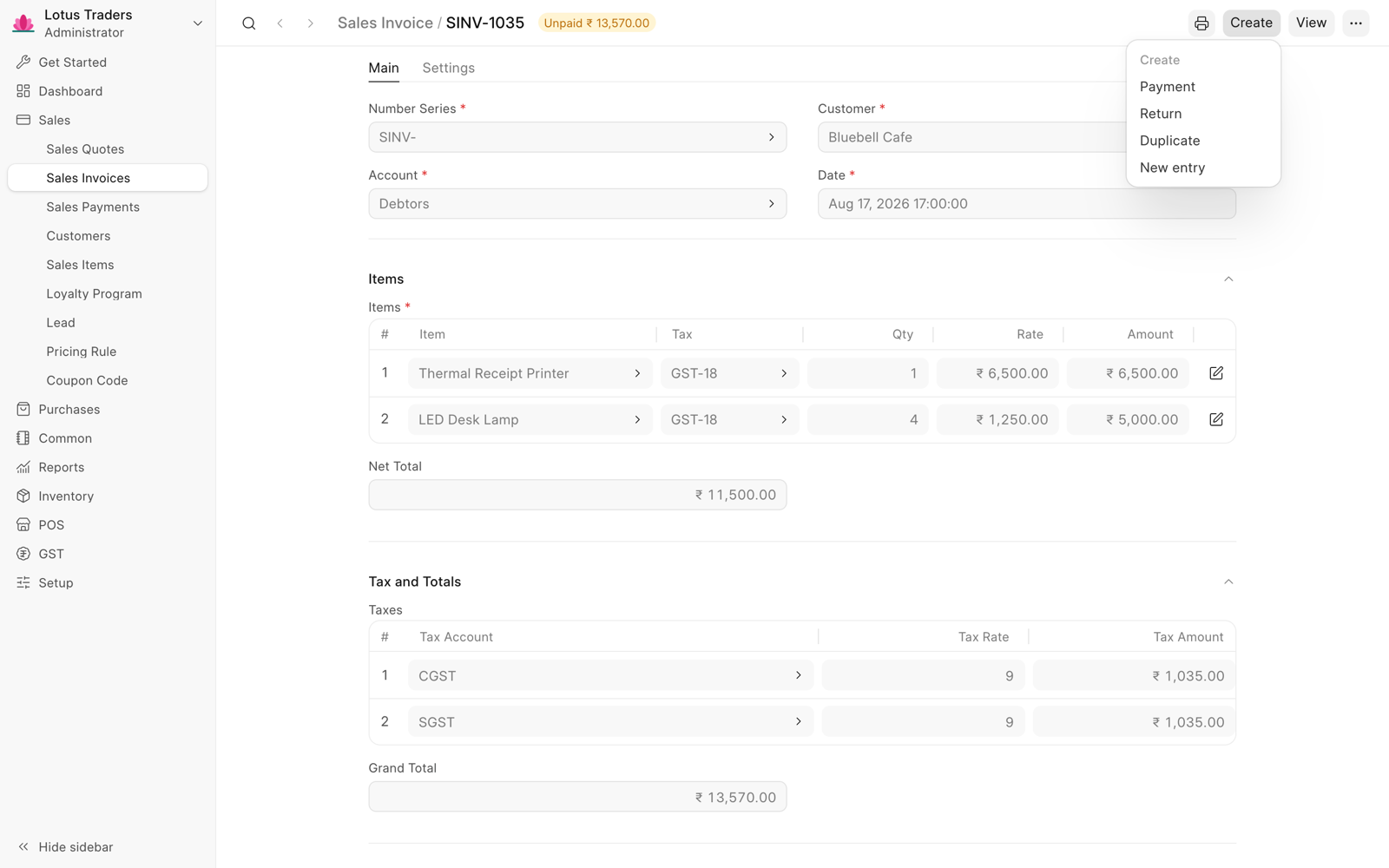 Unpaid sales invoice with the Create menu open: Payment, Return, Duplicate, and New entry.