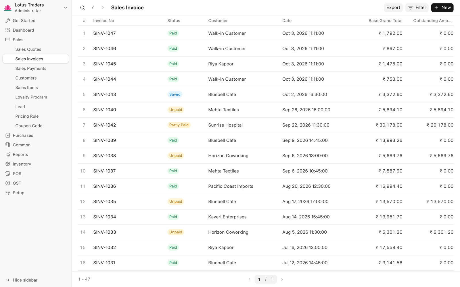 Sales invoice list with the statuses Paid, Unpaid, Partly Paid, and Saved, and the outstanding amounts.