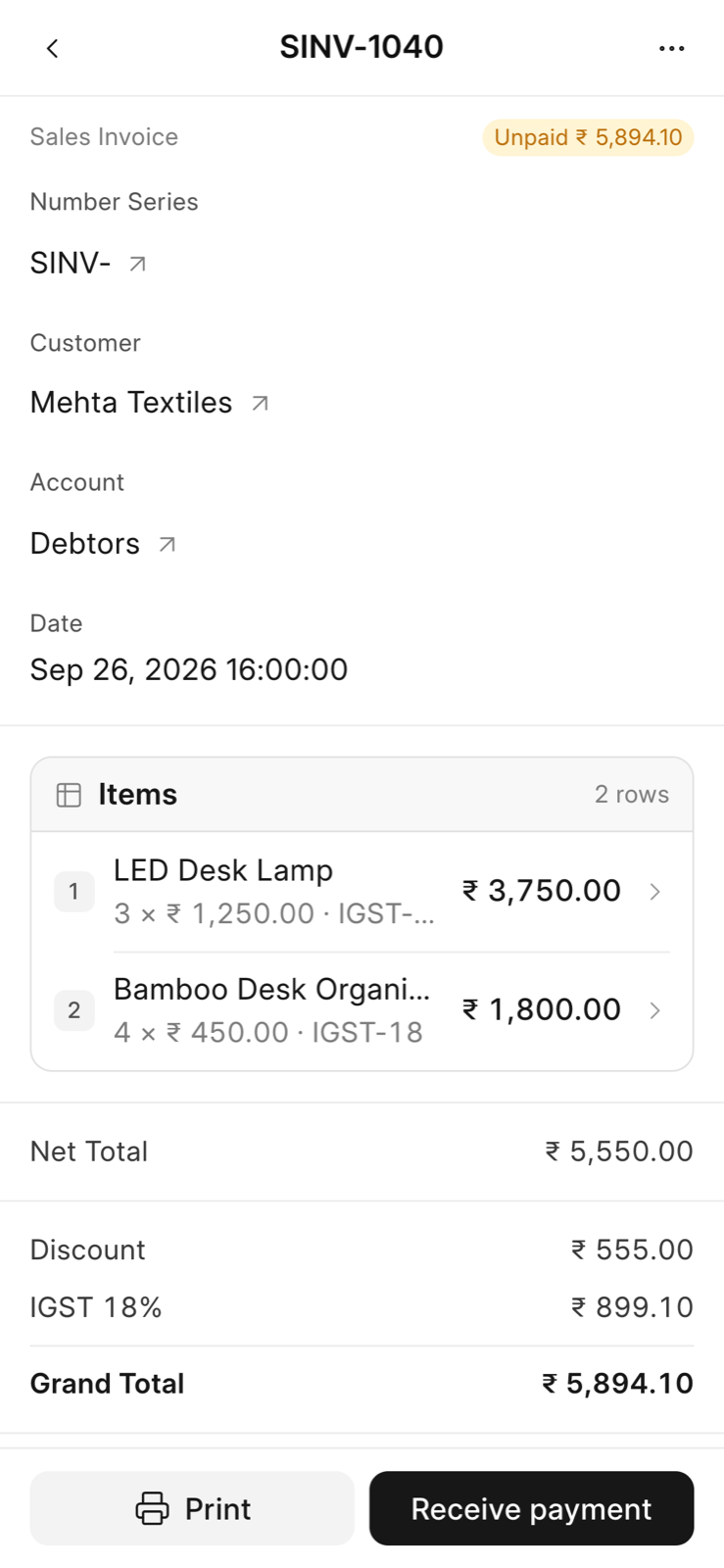 Phone view of an unpaid sales invoice with Print and Receive payment at the bottom of the form.