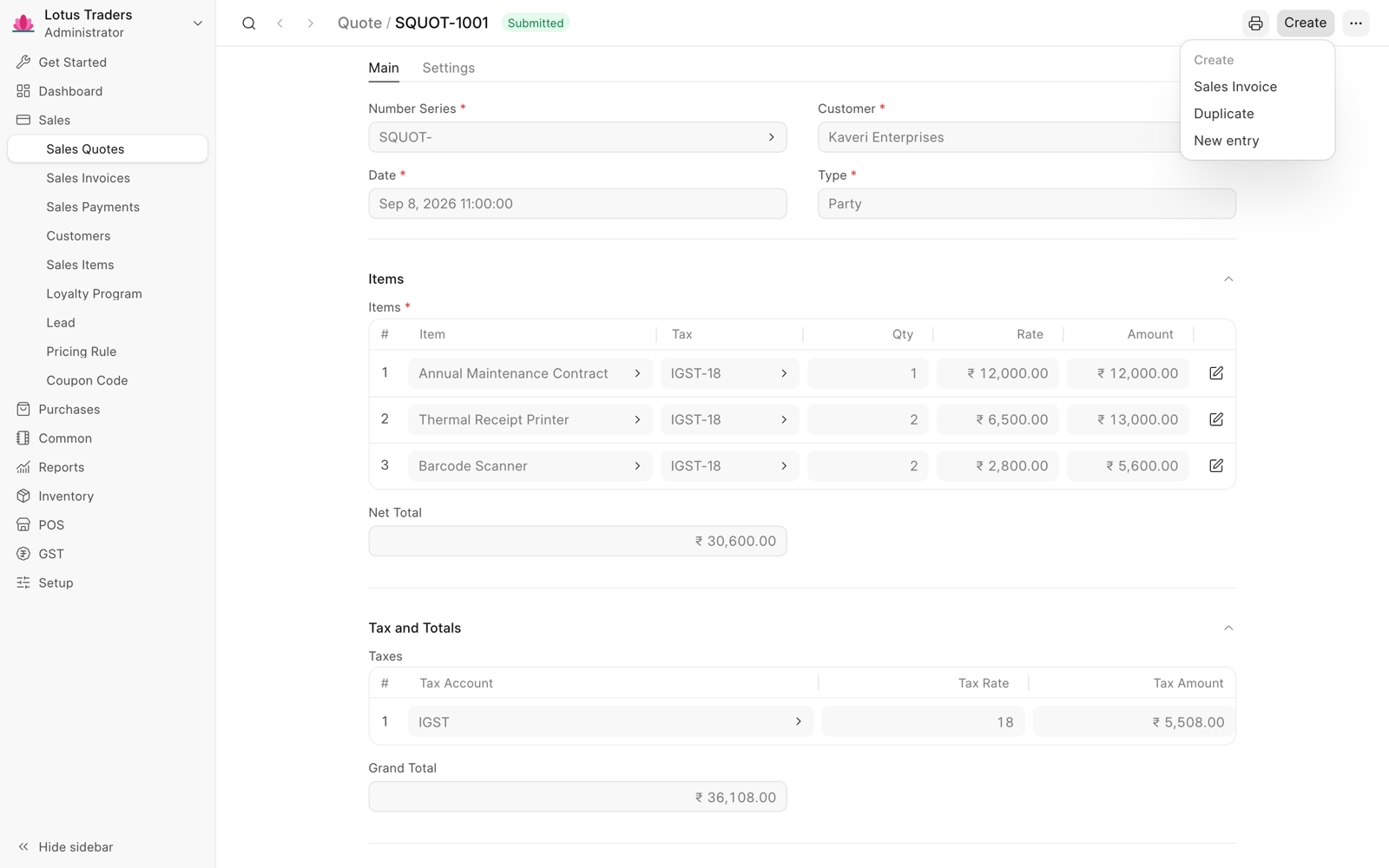 Submitted quote for Kaveri Enterprises with the Submitted badge and the Create menu open, which shows Sales Invoice.