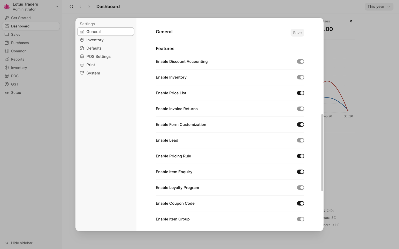 General tab of the settings with the feature switches. Switches that are on and cannot be turned off, such as Enable Inventory, show as on in grey.