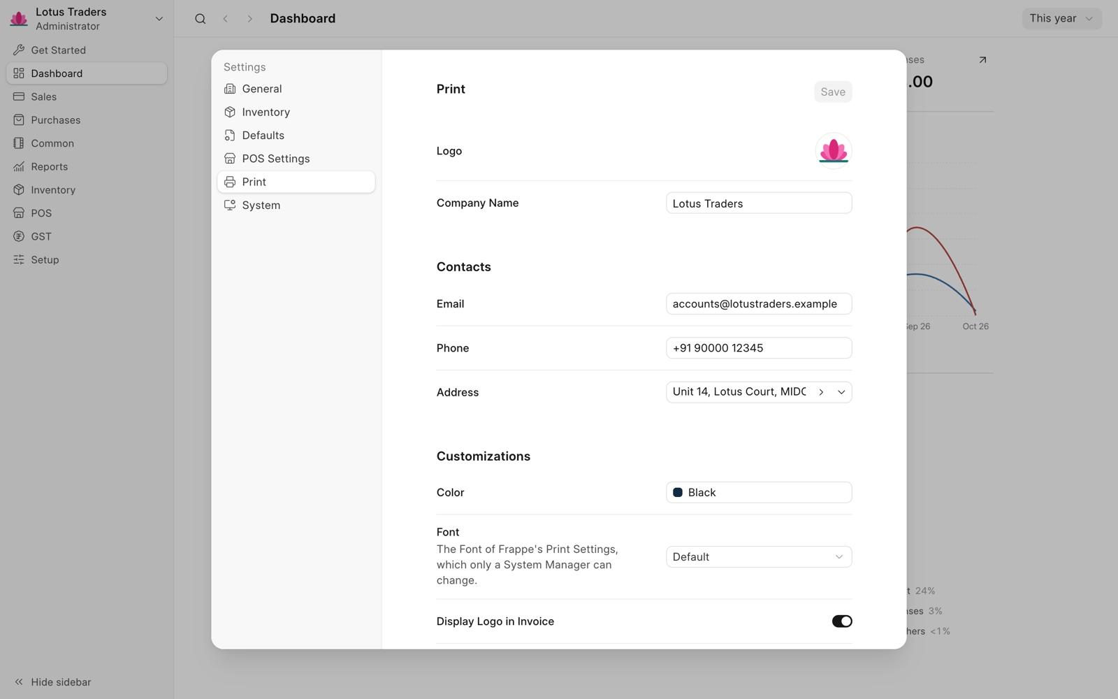 Print tab of the settings with the logo, company name, email, phone, address, color, font, and display switches.