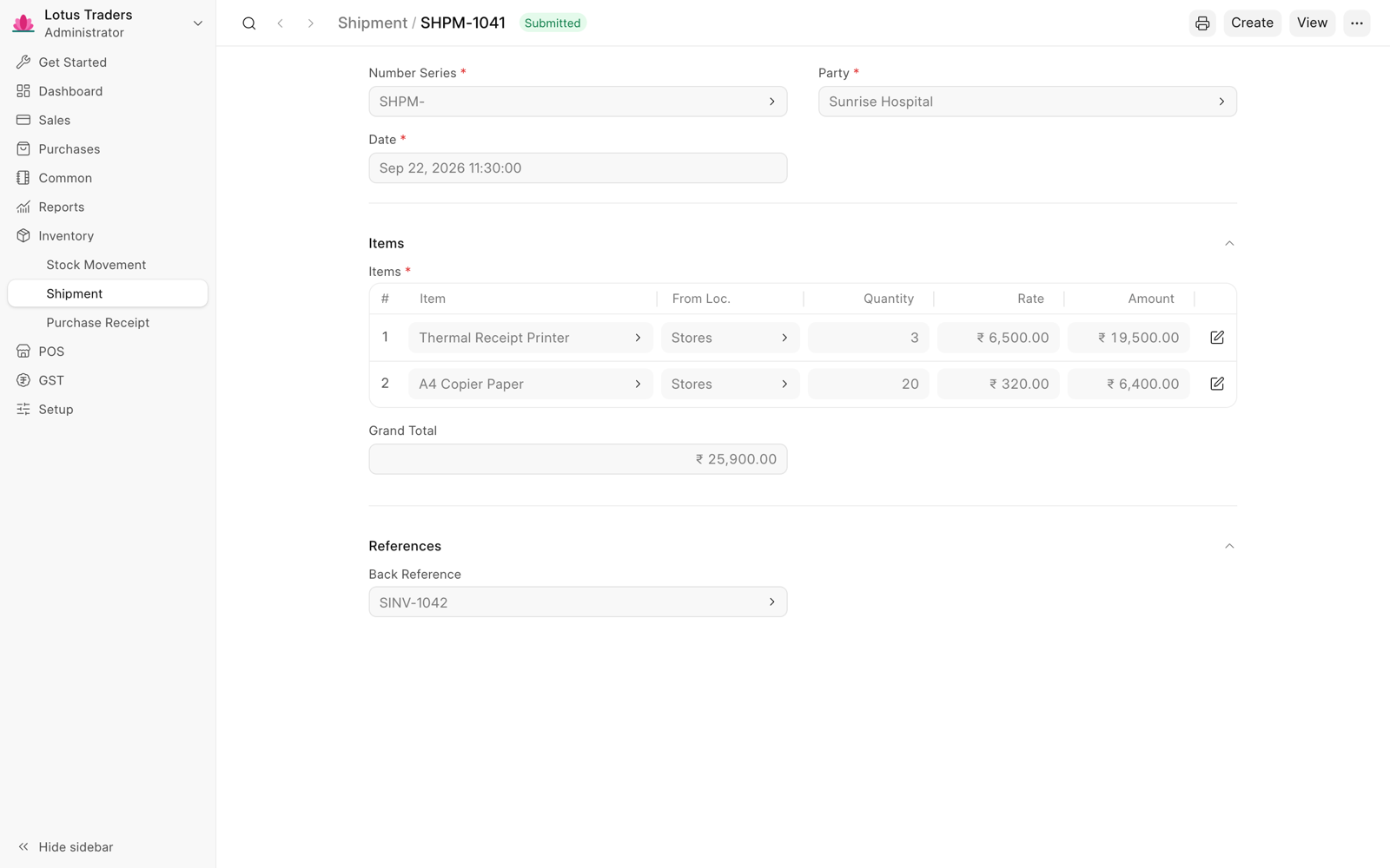Submitted shipment of two items from Stores, with the sales invoice that made it in Back Reference.