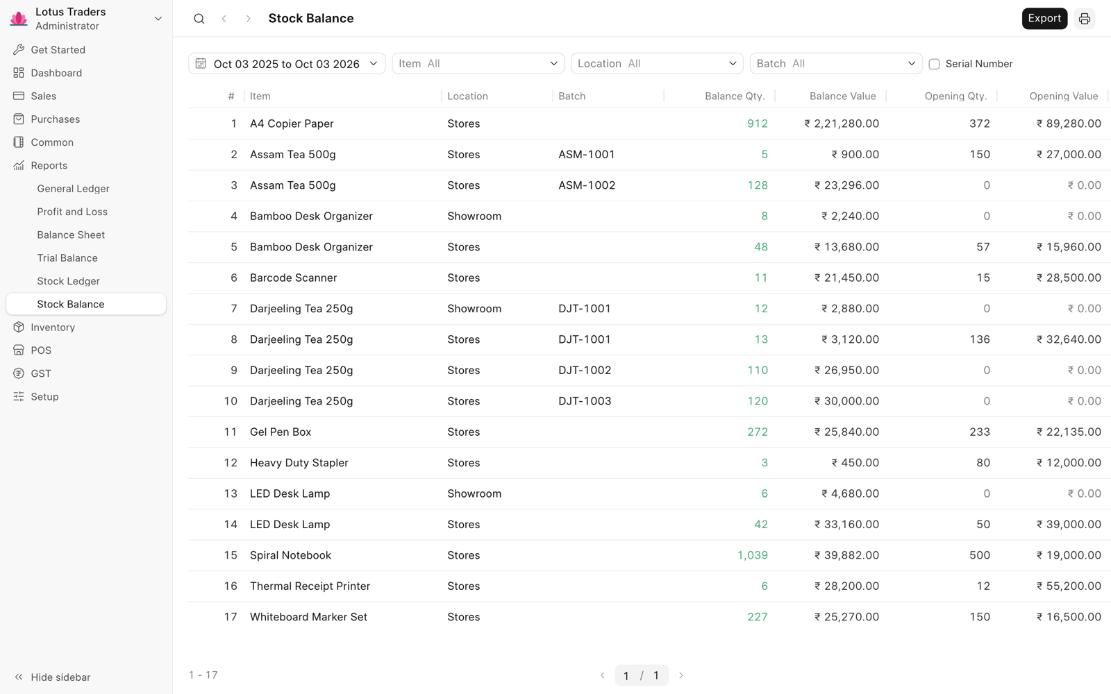 Stock Balance with one row for each item, location, and batch, with the balance and opening quantities and values.