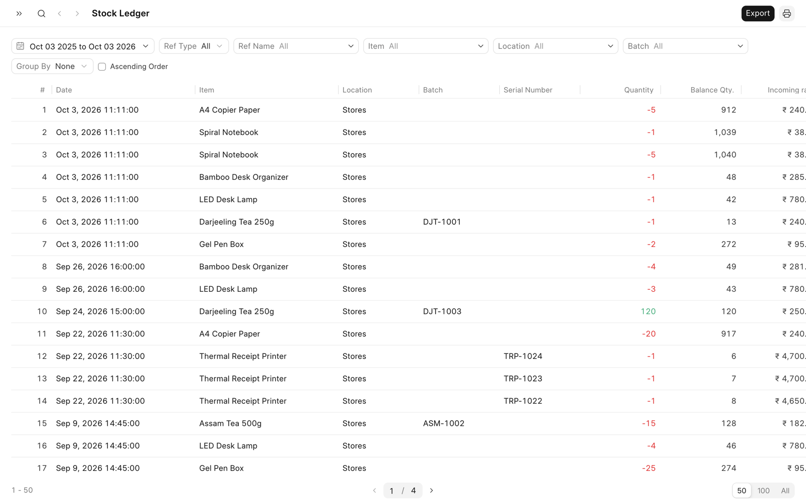 Stock Ledger with the Batch and Serial Number columns, outgoing quantities in red, incoming quantities in green, and the balance quantity.