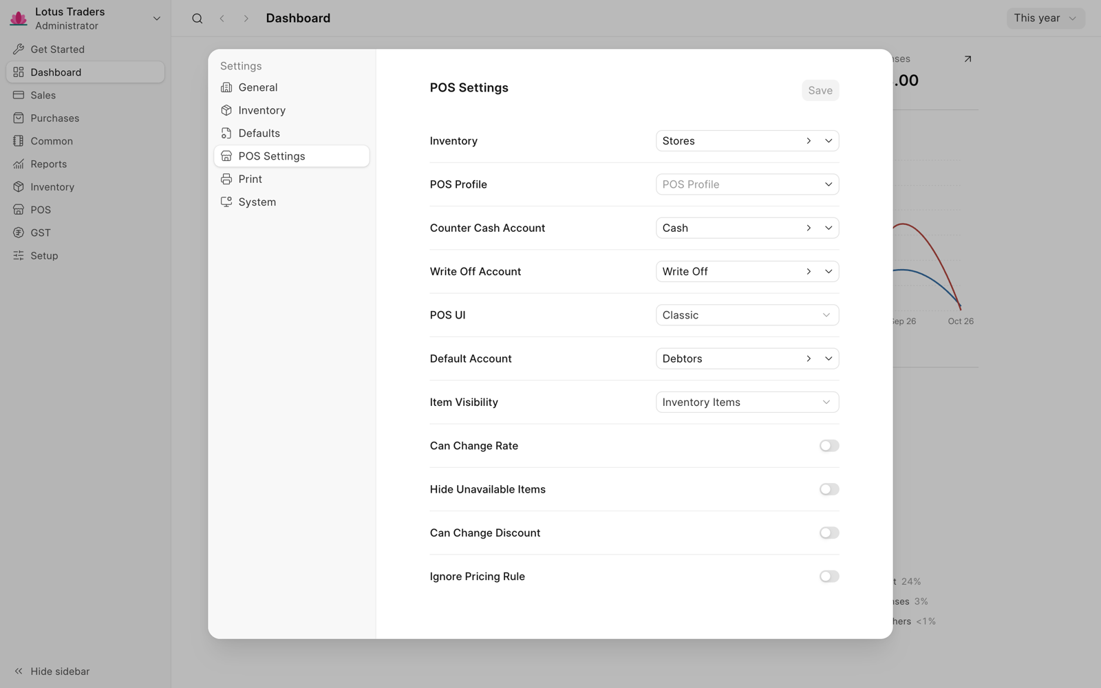 POS Settings tab with inventory, counter cash account, write off account, POS UI, default account, item visibility, and the switches.