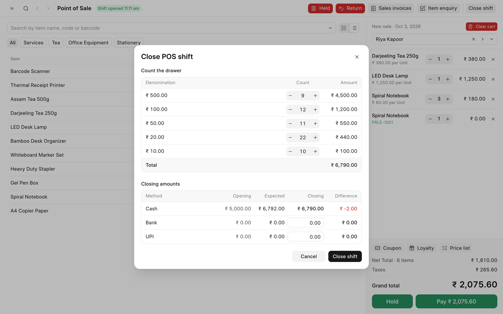 Close POS shift dialog with the drawer count and the closing amounts of each method, with a cash difference of -2.00.