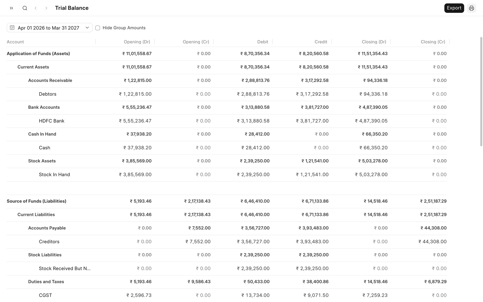 Trial Balance for the current fiscal year with the opening, debit, credit, and closing columns. The sidebar is hidden so that all columns show.