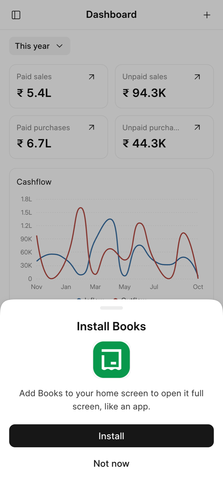 Install Books sheet on the phone dashboard with Install and Not now.
