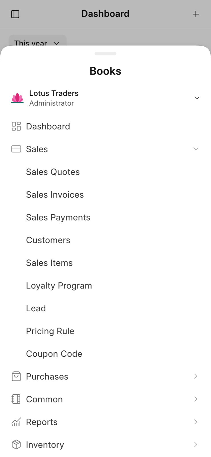 Books sheet on a phone with the Sales group open.