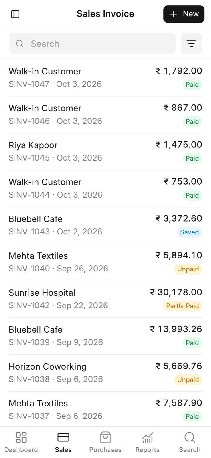 Phone list of sales invoices with the search box, the filter button, New, and the bottom tabs.