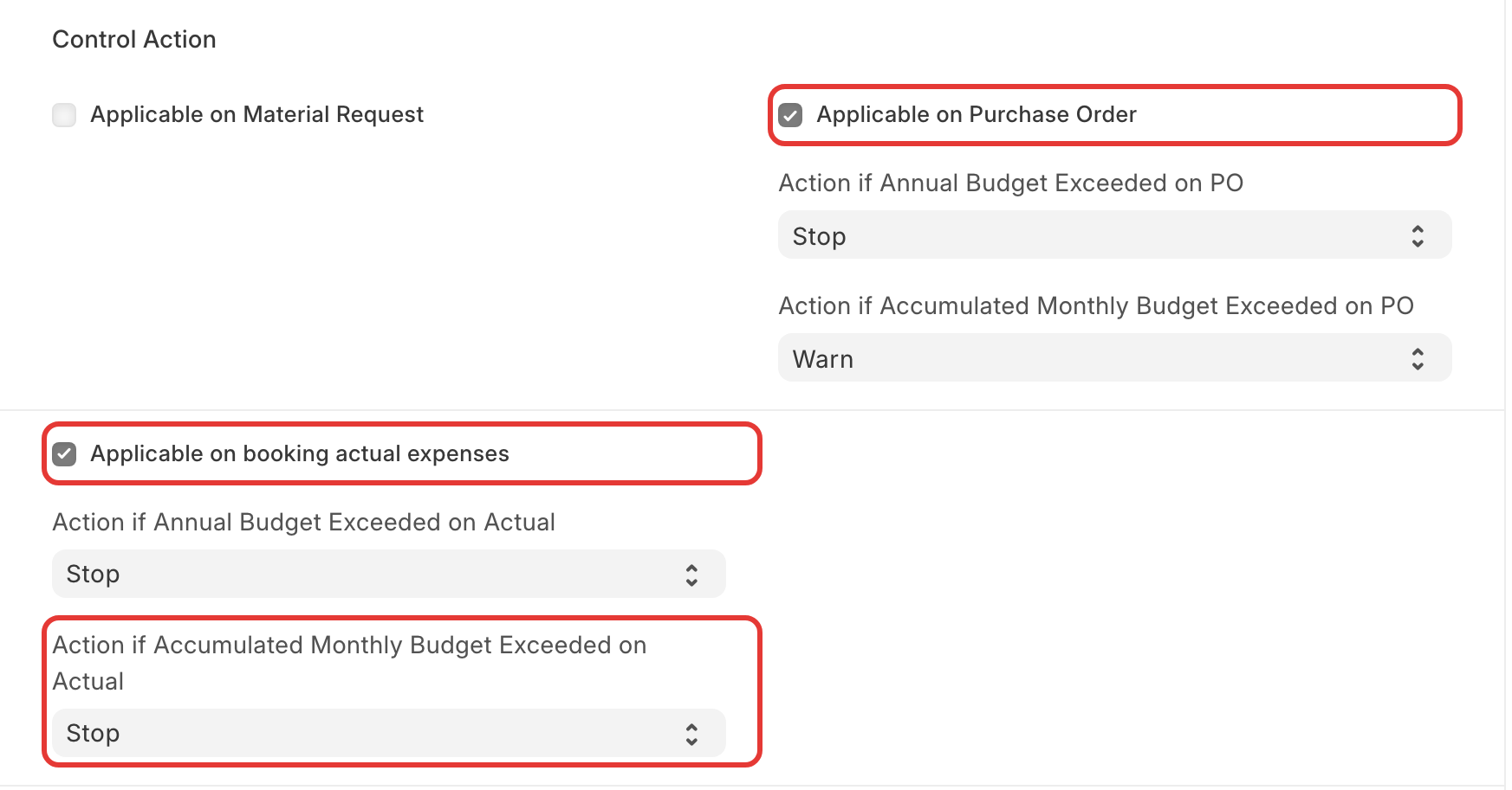 Budget Control Action: document types and Stop or Warn for each