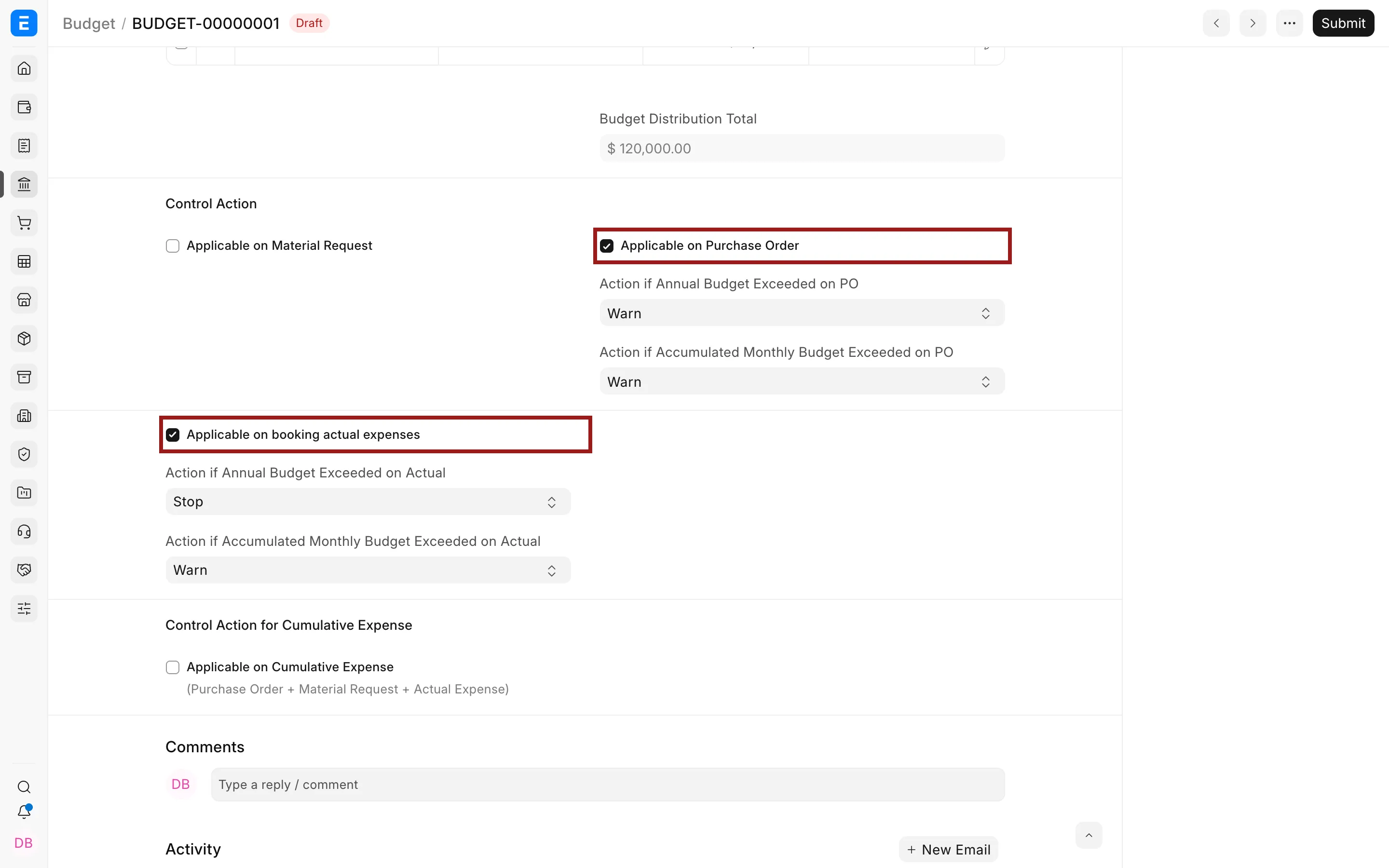Purchase Order and actual expense controls in a Budget