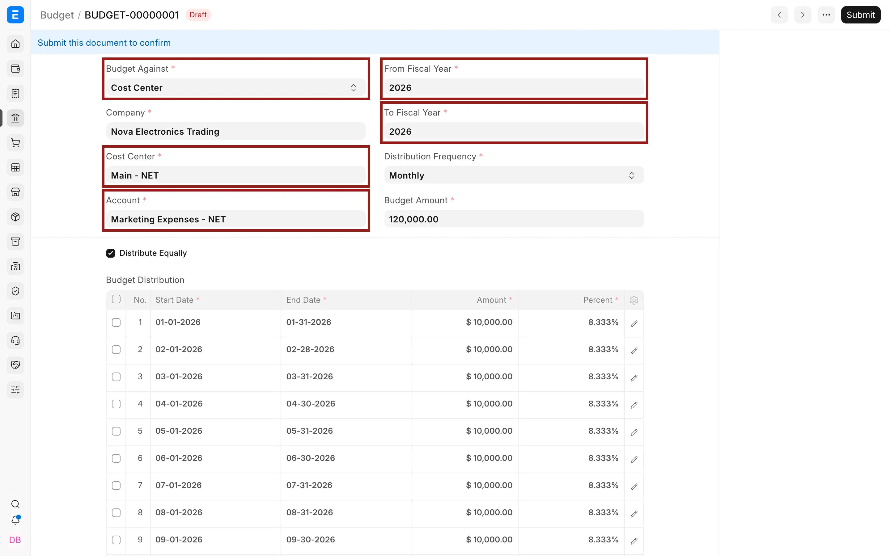 Budget scope, account, and fiscal year fields