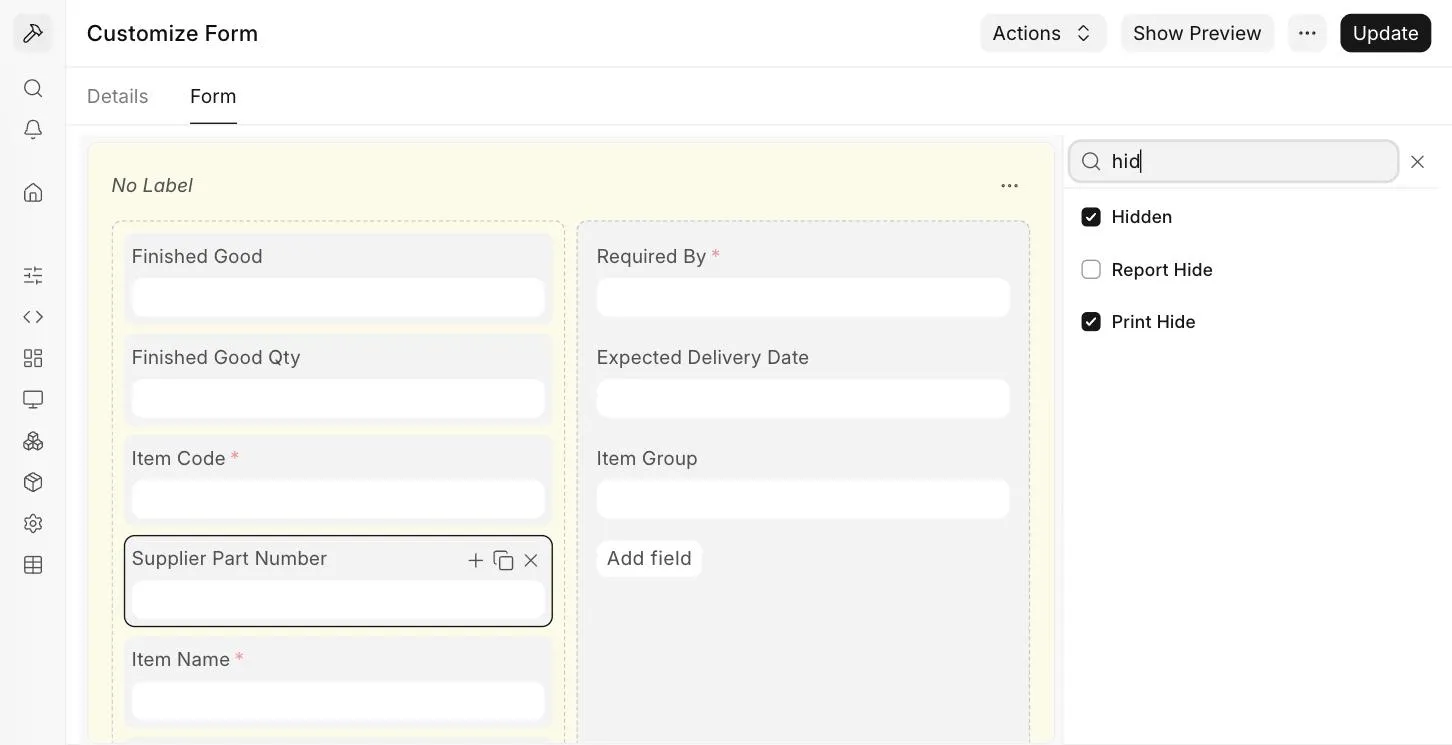 Supplier Part Number in Customize Form