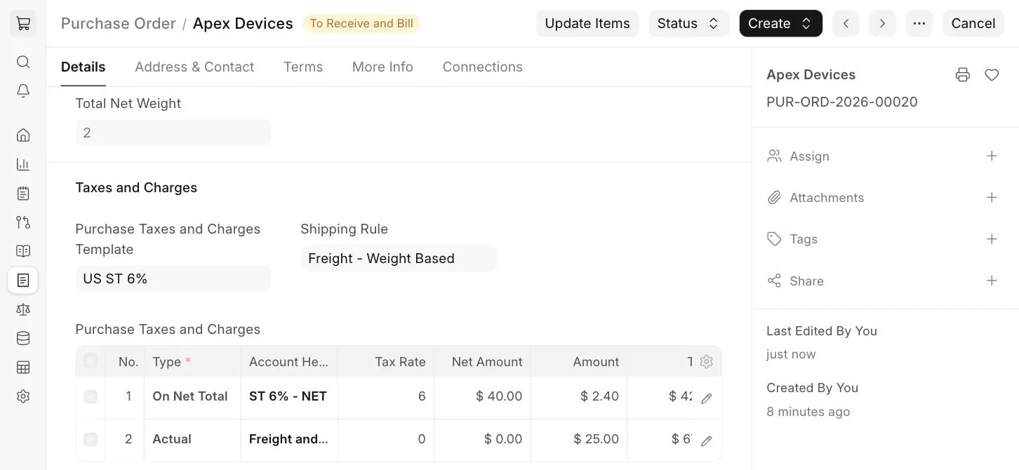 Shipping charges in Purchase Order