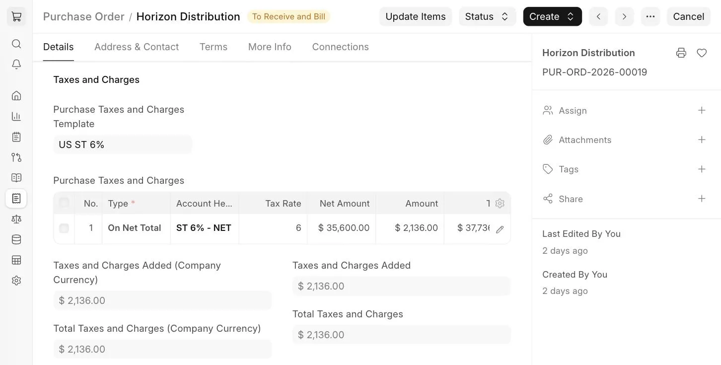 Purchase Taxes and Charges table