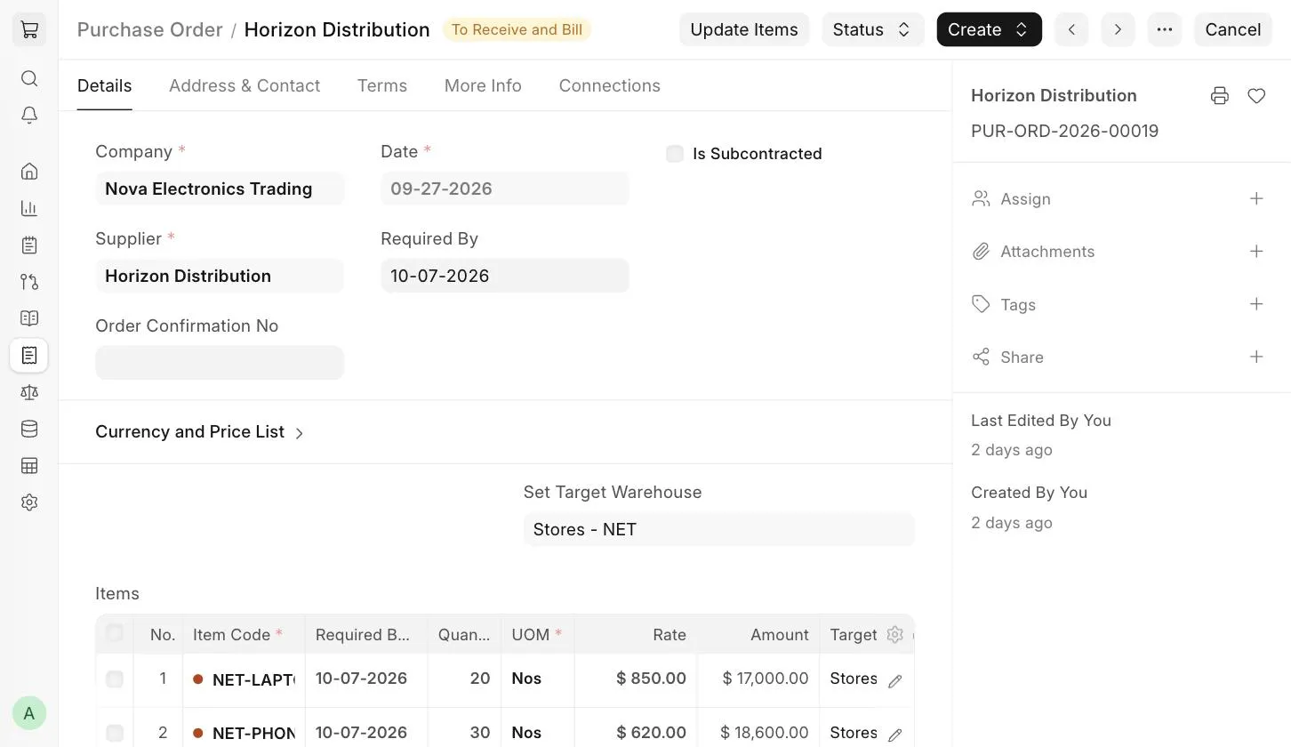 Update Items button in Purchase Order