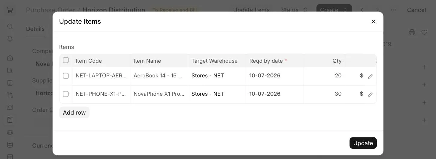 Update Items dialog