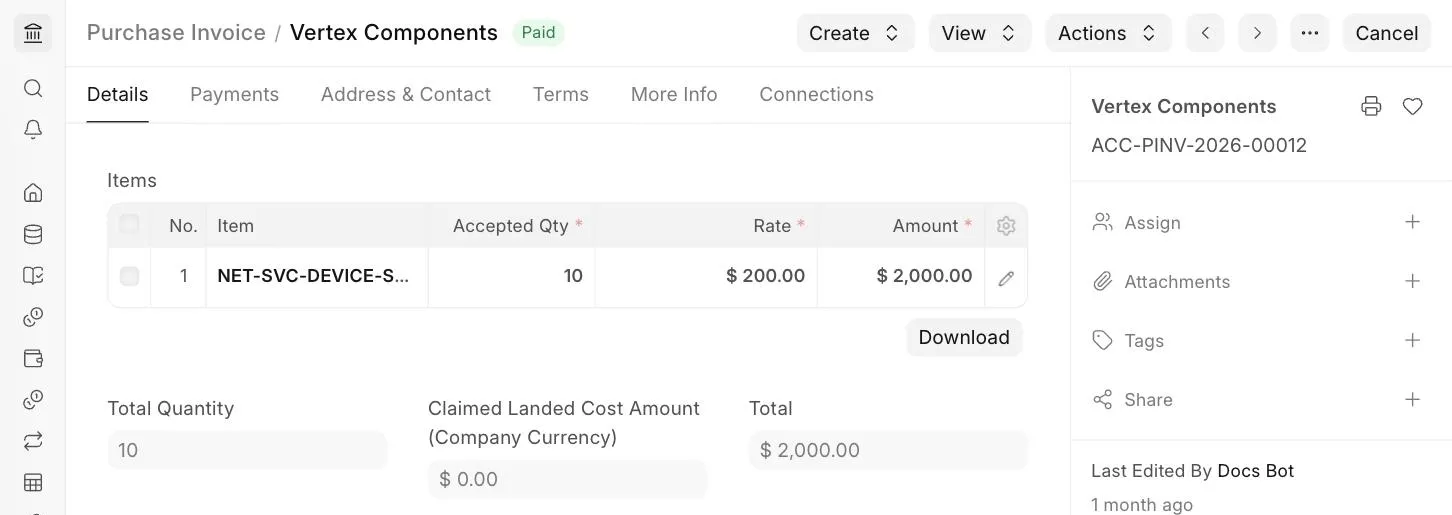 Purchase Invoice for a service item