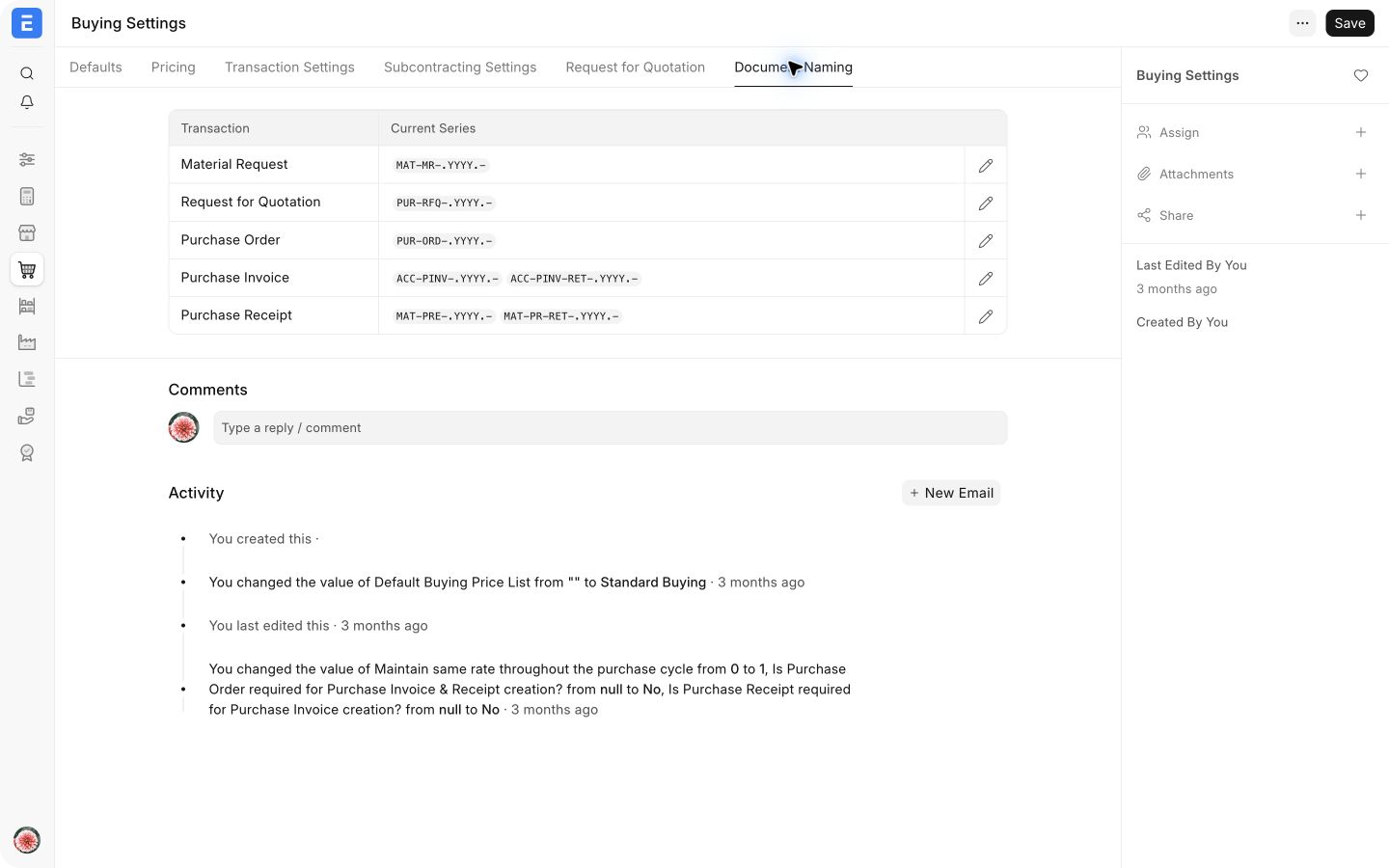 Buying Settings Document Naming tab with purchasing document series