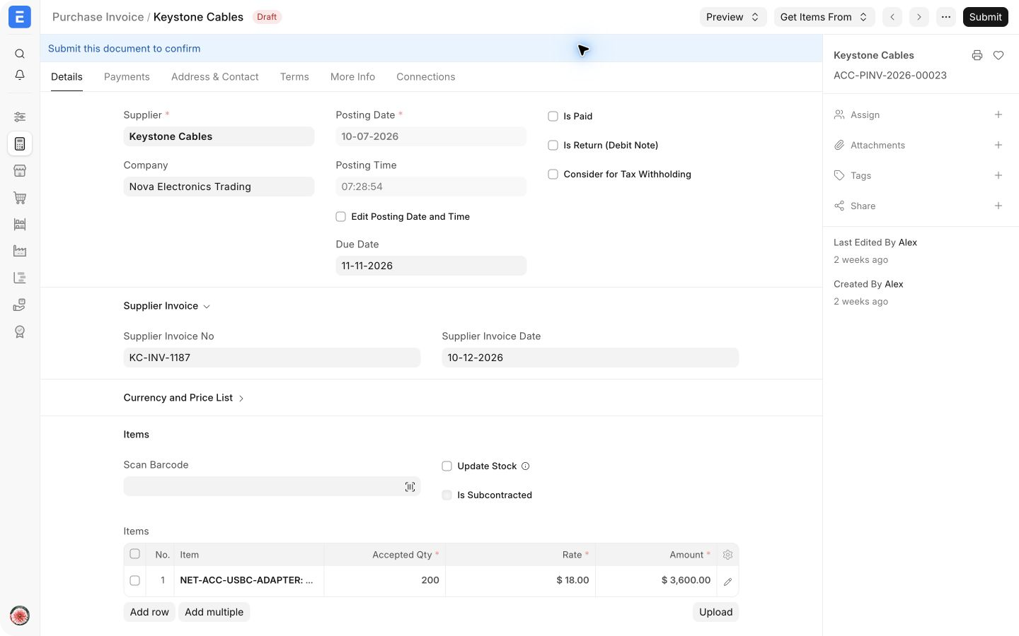 Purchase Invoice created from a Purchase Order with the supplier and order rate carried forward