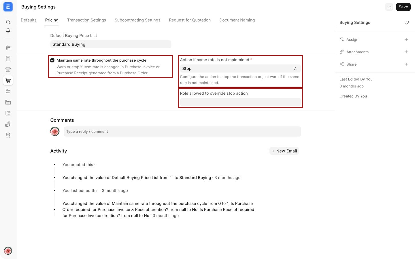 Same-rate validation and action in Buying Settings