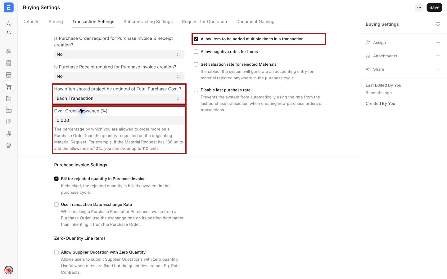 Quantity, duplicate-item, and project-cost controls in Buying Settings