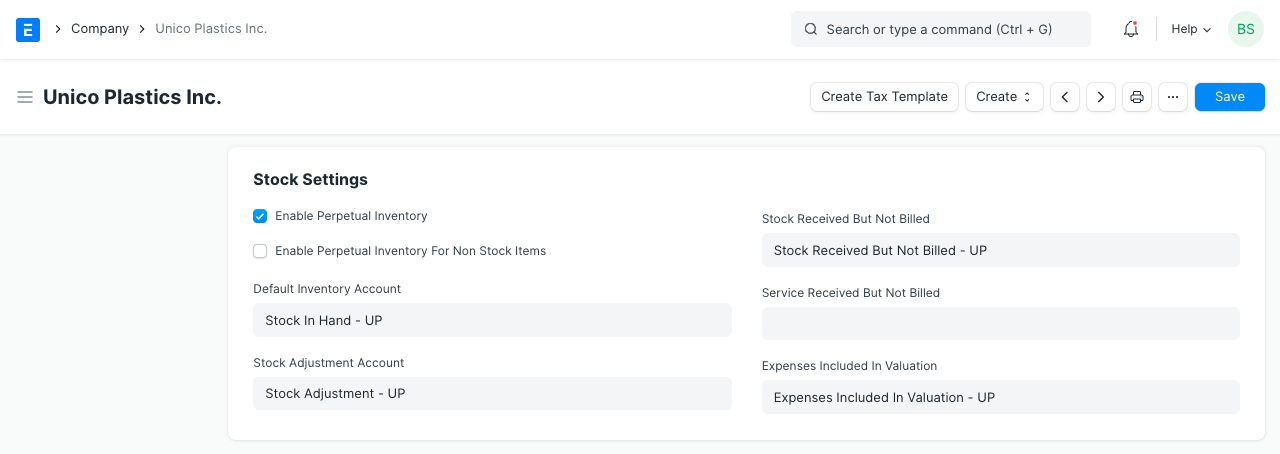 Stock Settings in Company