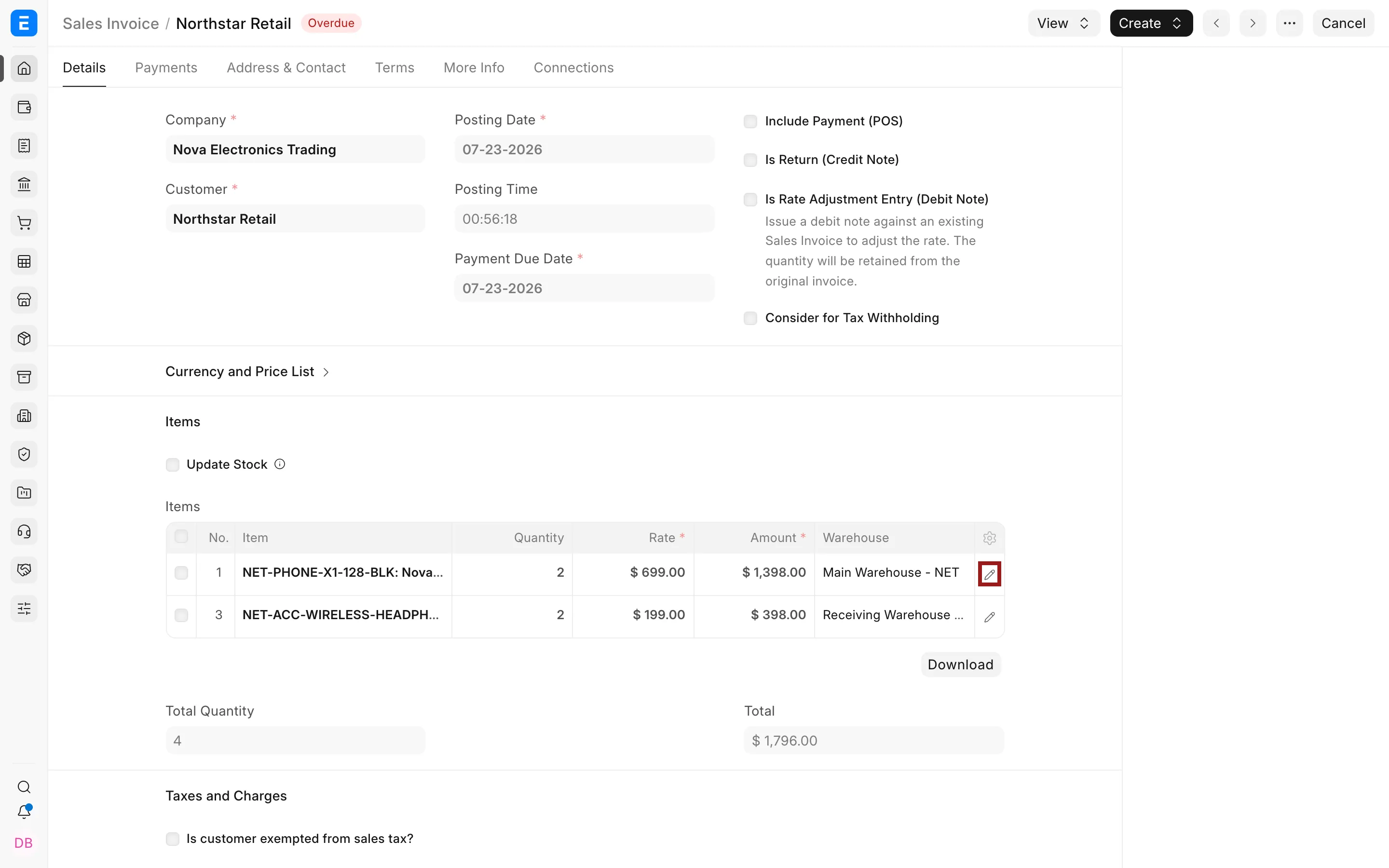 Open a Sales Invoice item row to select its Cost Center