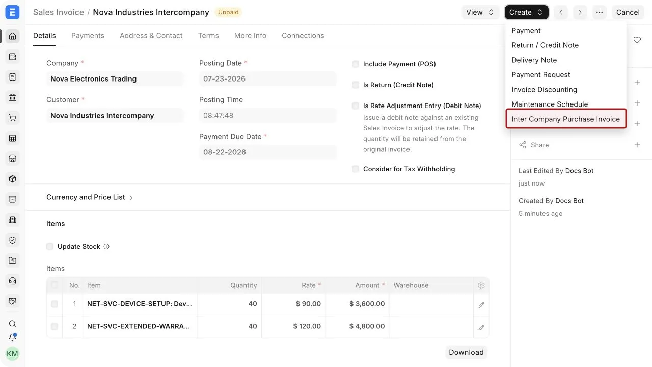 The highlighted Inter Company Purchase Invoice action in the submitted Sales Invoice Create menu.
