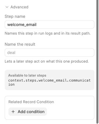 The Advanced section of a step