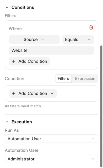 Filters, Condition and Run As in the trigger's side panel