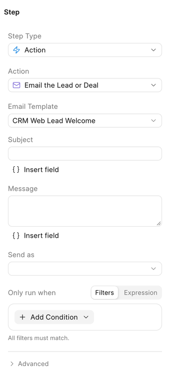 Email the Lead or Deal using the Web Lead Welcome template