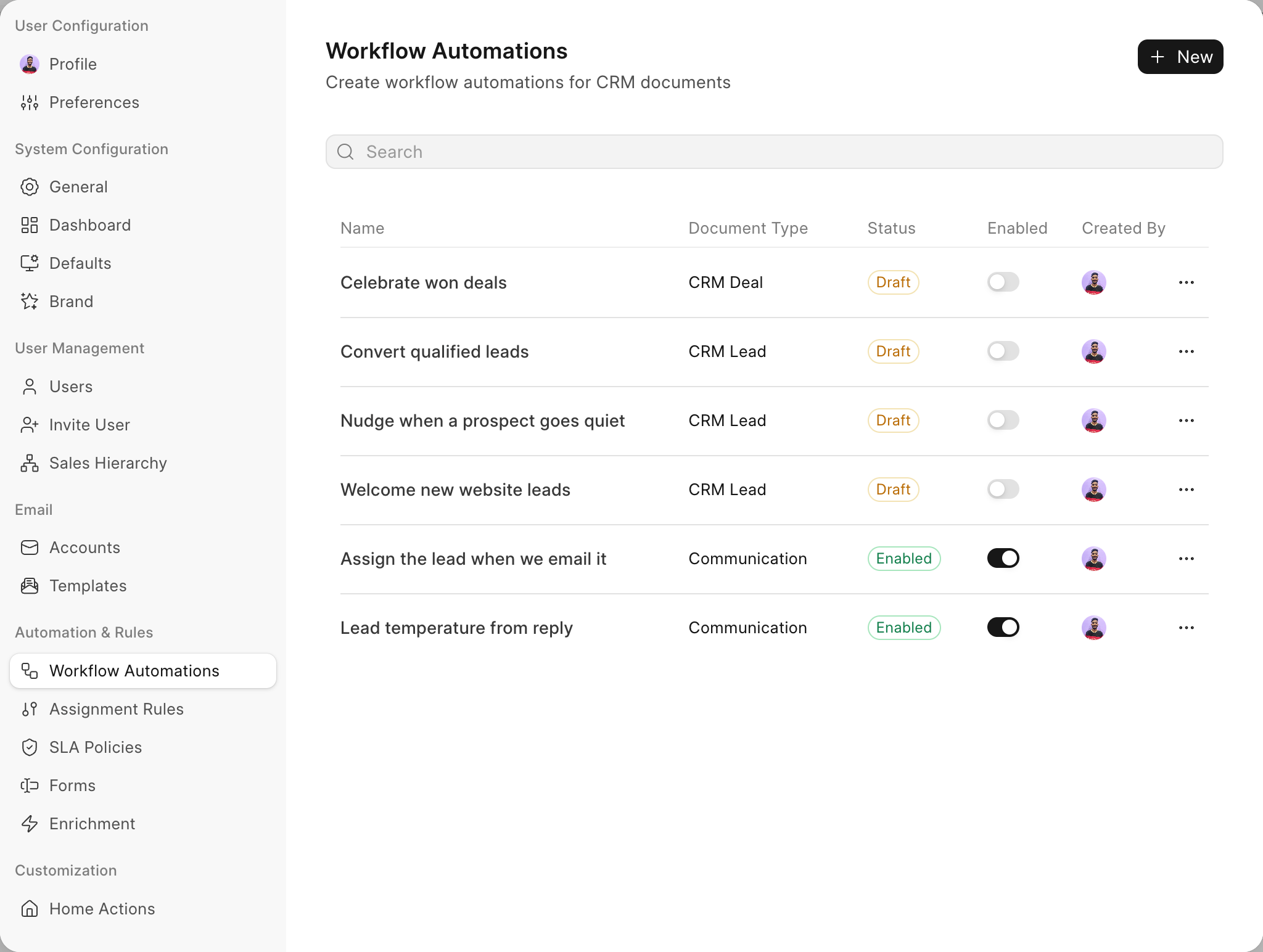 The Workflow Automations list in Settings