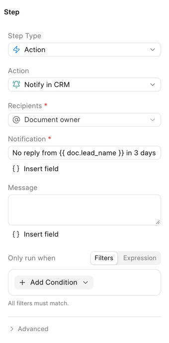 Notify in CRM sending a reminder to the document owner