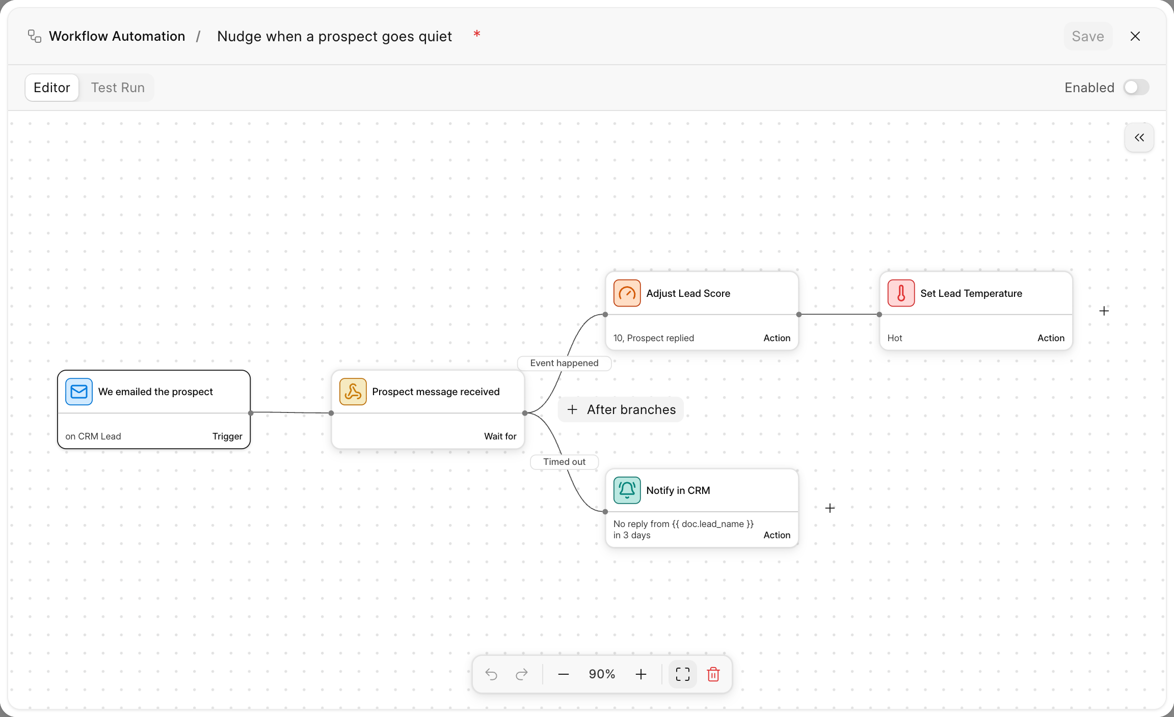 An automation that waits for the prospect to reply, then scores the lead or nudges the owner