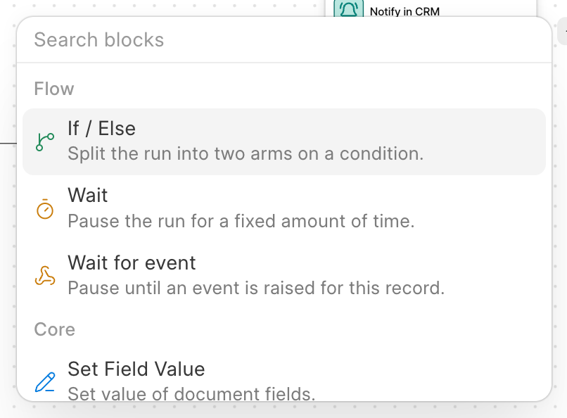 The block picker, with the Flow blocks at the top