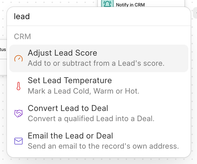Searching the step picker for lead actions