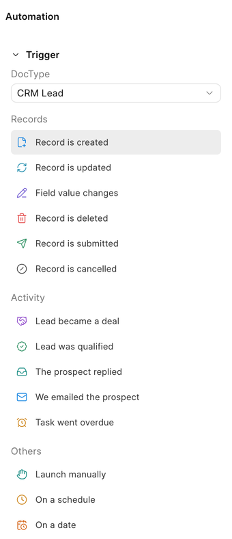 The trigger list in the side panel, grouped into Records, Activity and Others