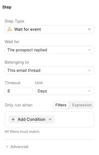 A Wait for event block waiting three days for the prospect to reply