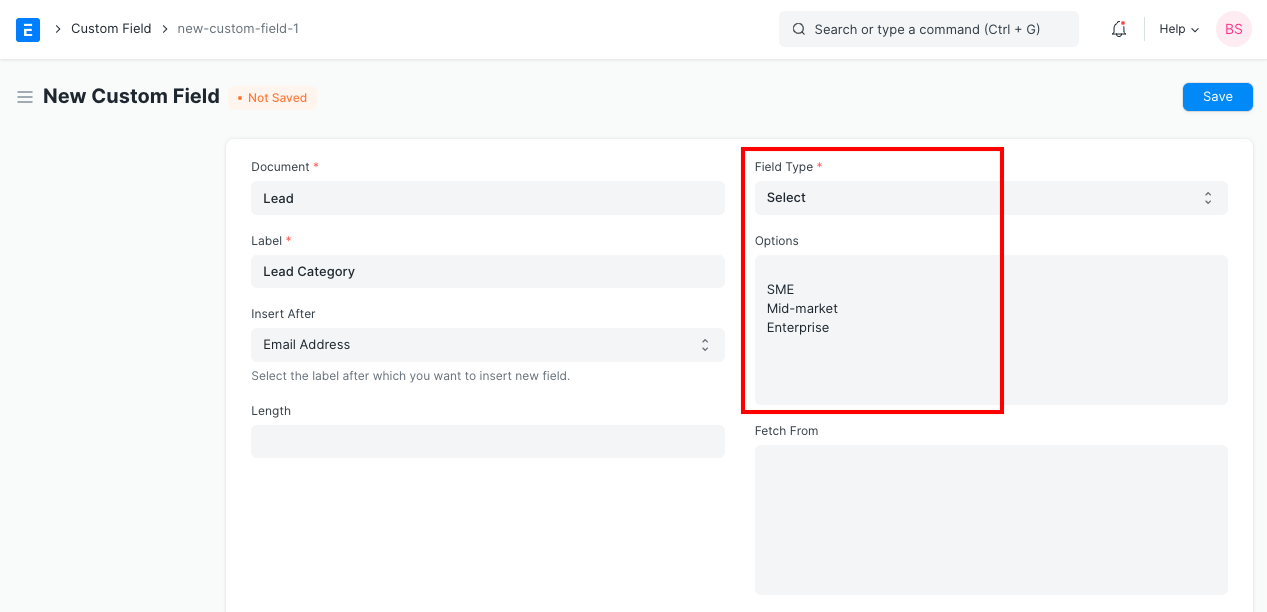 Custom Field with Fieldtype as Select