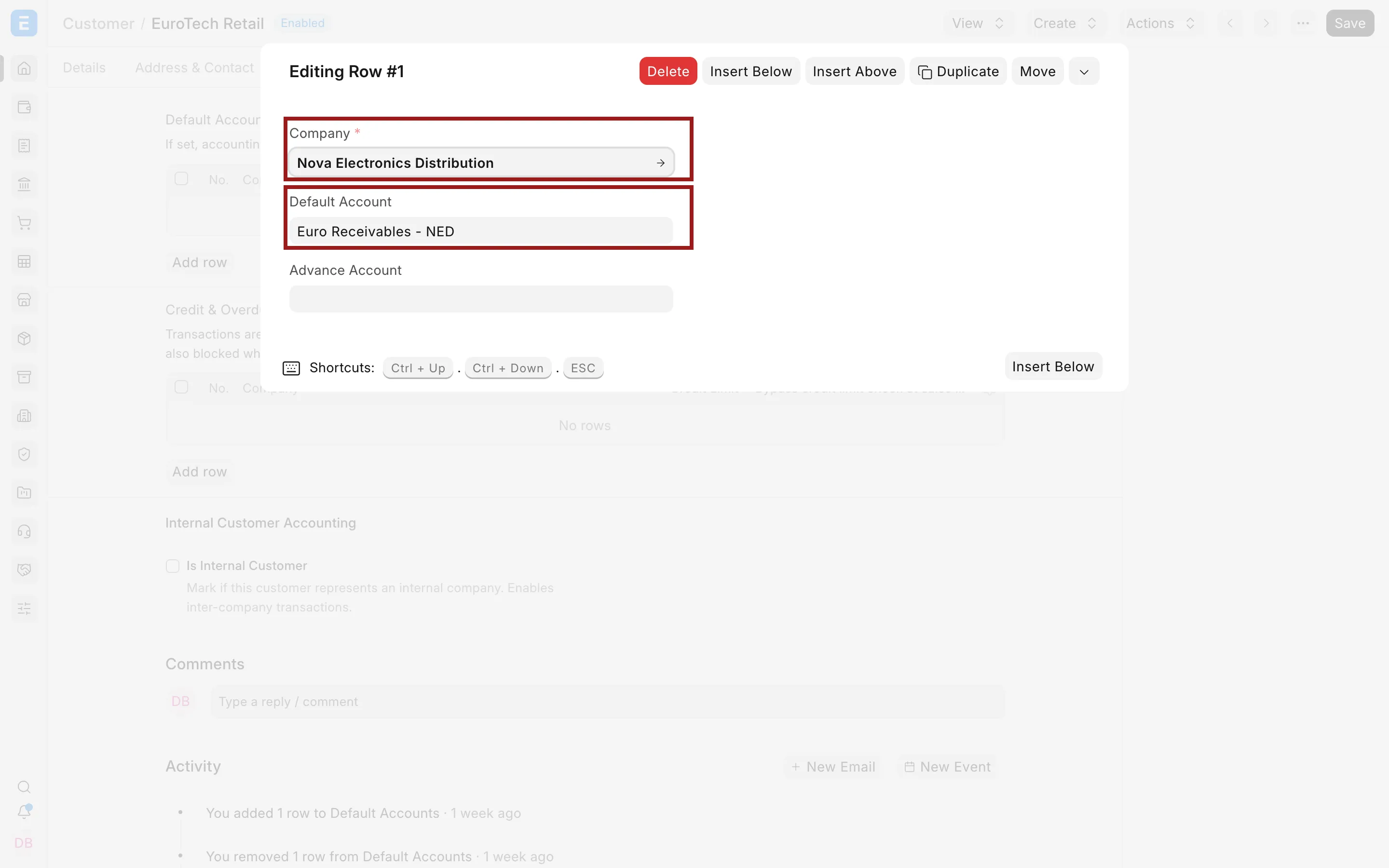 Customer-specific receivable account with the native modal overlay visible