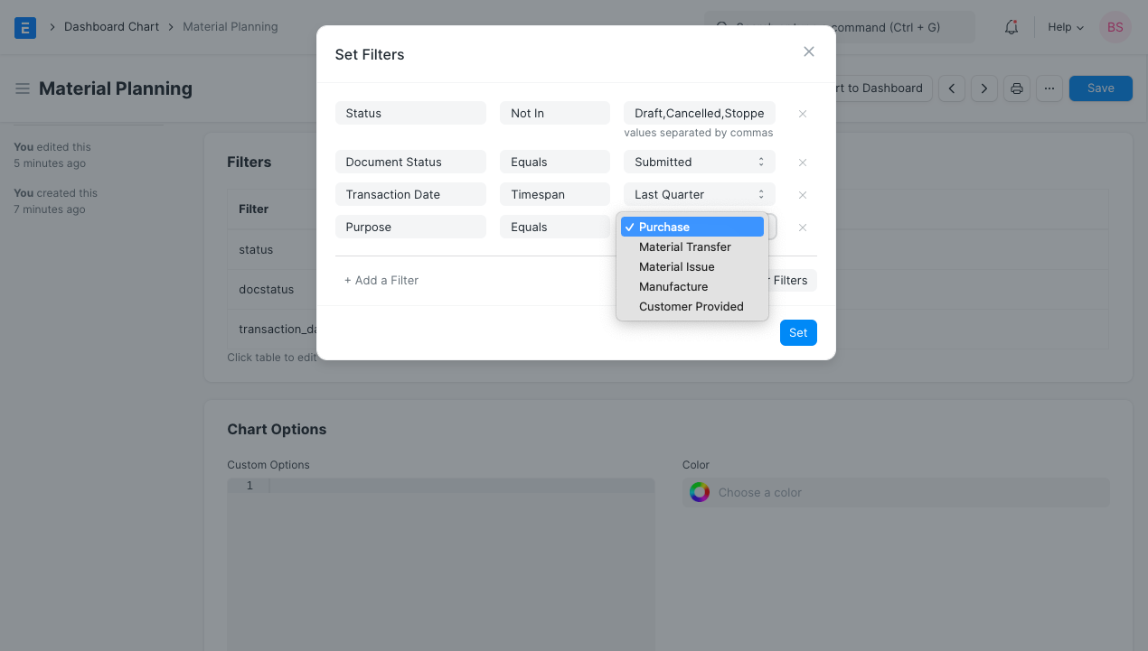 Dashboard Chart Filter Modal