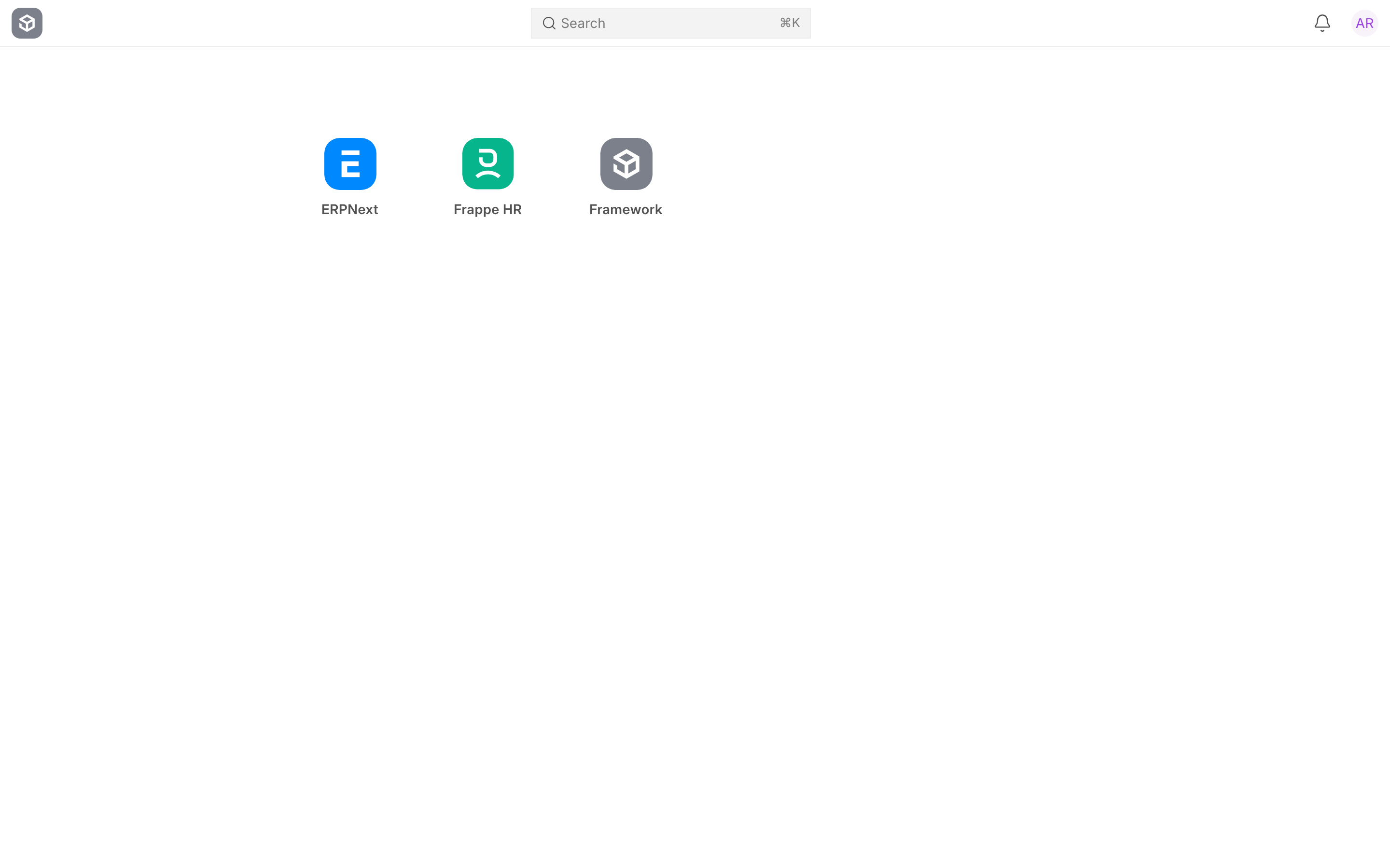The apps screen showing three app icons: ERPNext, Frappe HR and Framework.
