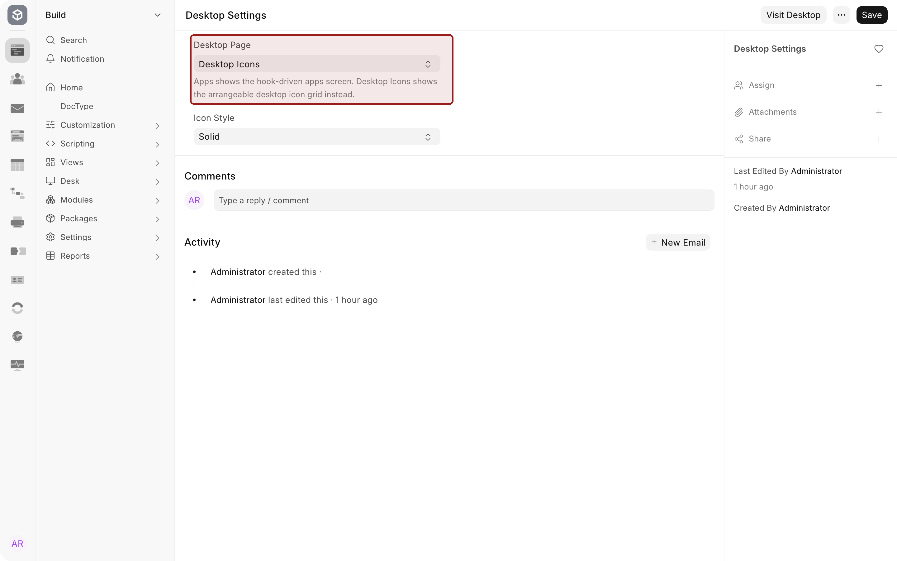 The Desktop Settings form with the Desktop Page field, set to Desktop Icons, highlighted.