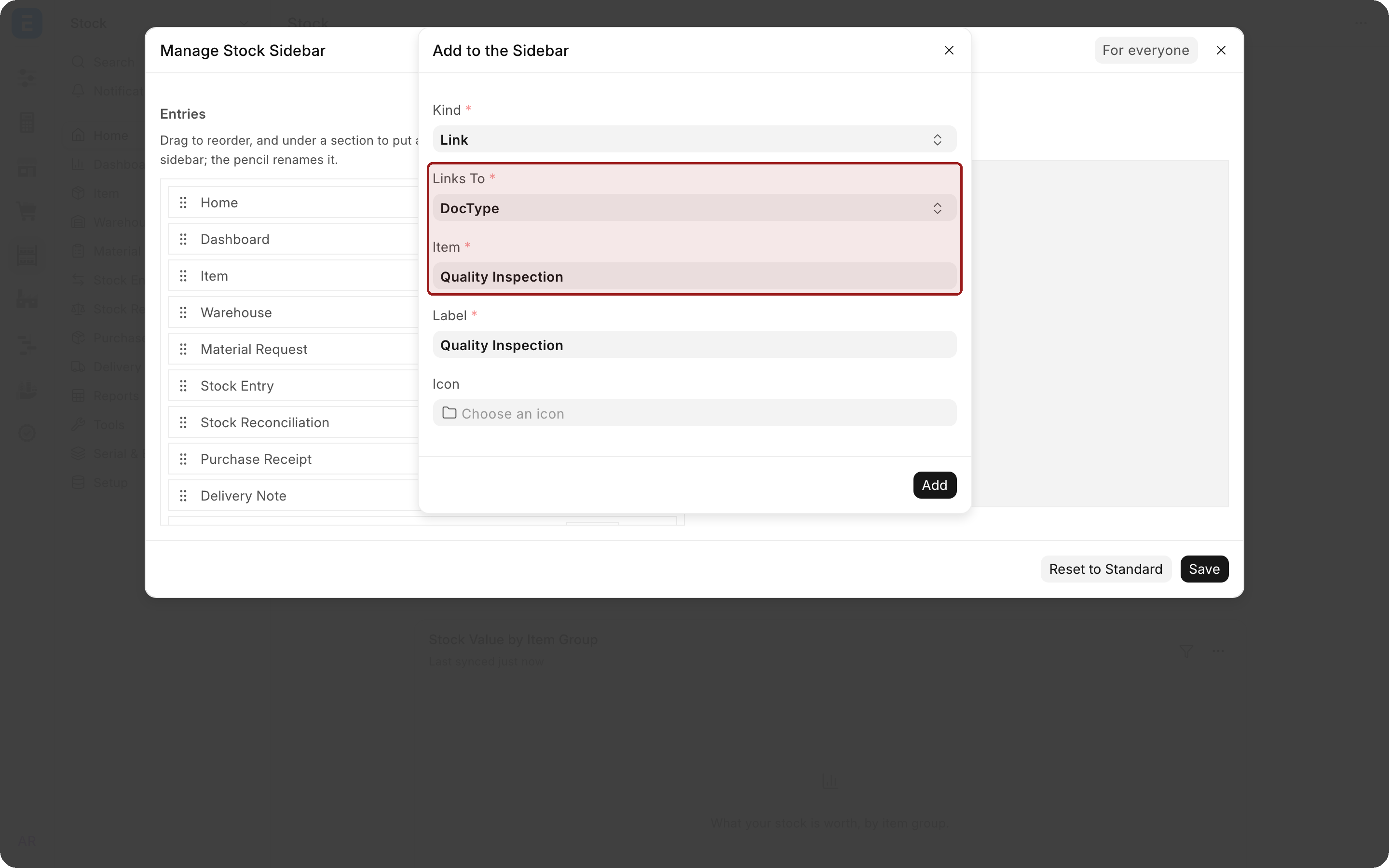 The Add to the Sidebar window with Kind set to Link, Links To set to DocType and Item set to Quality Inspection. The Links To and Item fields are highlighted.